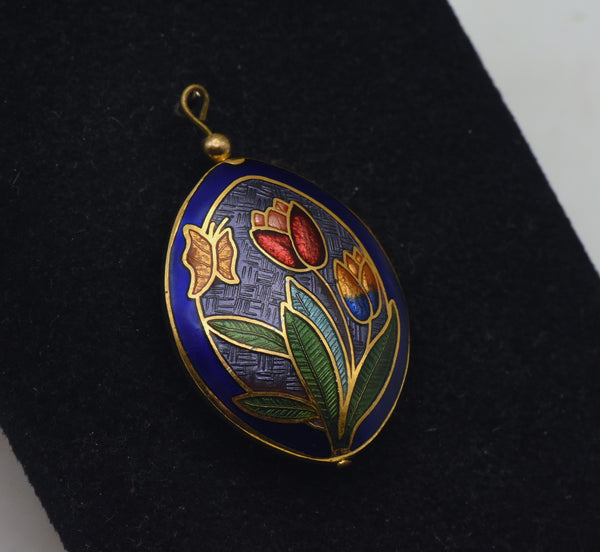 Vintage Enamel Butterfly and Tulips Double-Sided Pendant