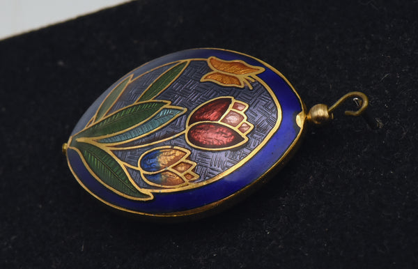 Vintage Enamel Butterfly and Tulips Double-Sided Pendant