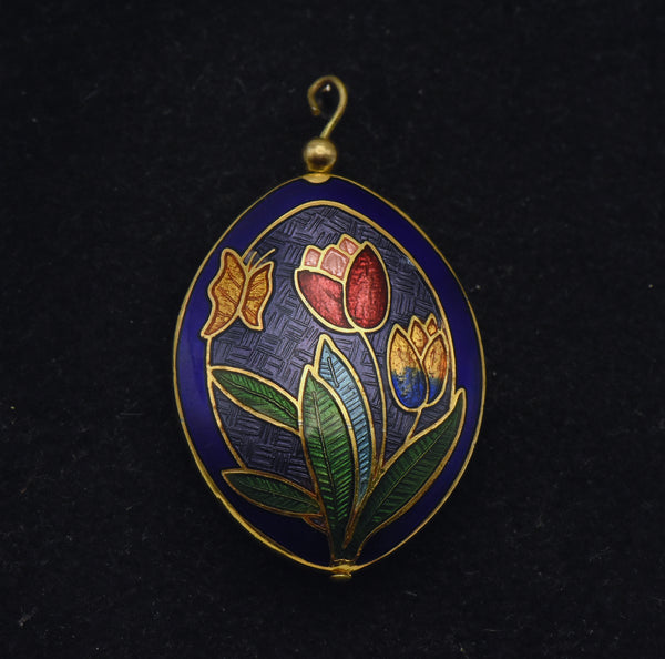 Vintage Enamel Butterfly and Tulips Double-Sided Pendant