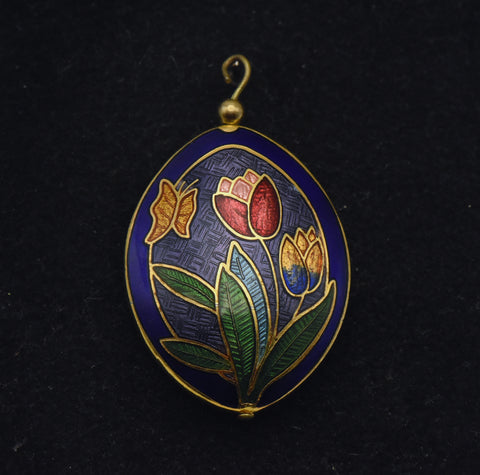 Vintage Enamel Butterfly and Tulips Double-Sided Pendant