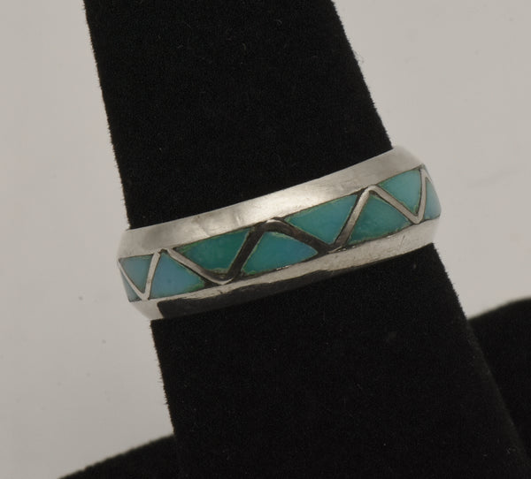 Vintage Handmade Turquoise Inlaid Sterling Silver Band - Size 6.75