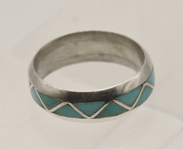 Vintage Handmade Turquoise Inlaid Sterling Silver Band - Size 6.75