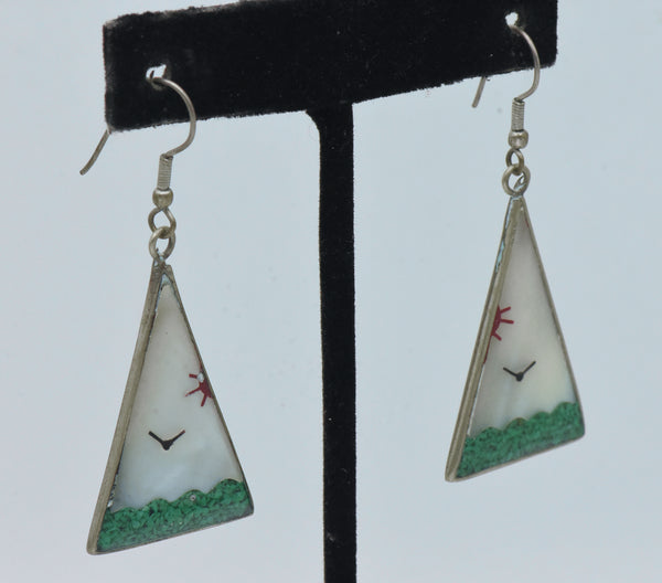 Vintage Handmade Seascape Mother of Pearl Alpaca Dangle Earrings