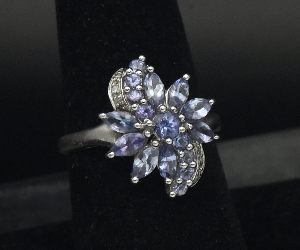 Tanzanite and Diamond Sterling Silver Ring - Size 7.25