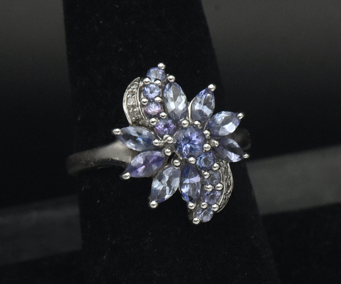 Tanzanite and Diamond Sterling Silver Ring - Size 7.25