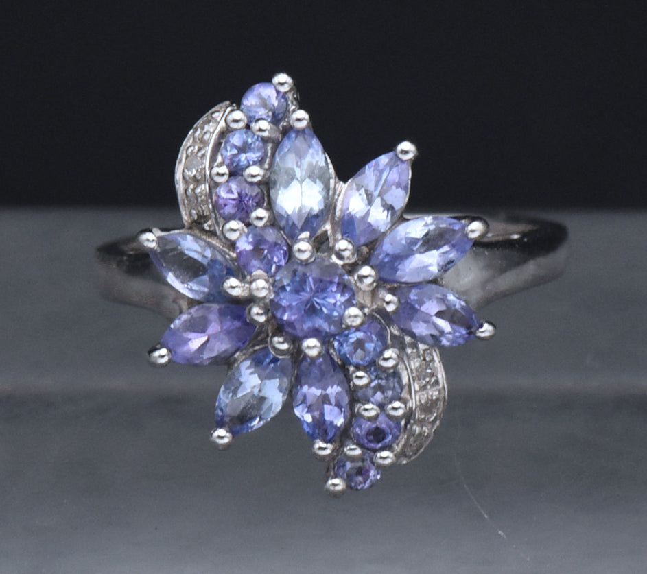 Tanzanite and Diamond Sterling Silver Ring - Size 7.25