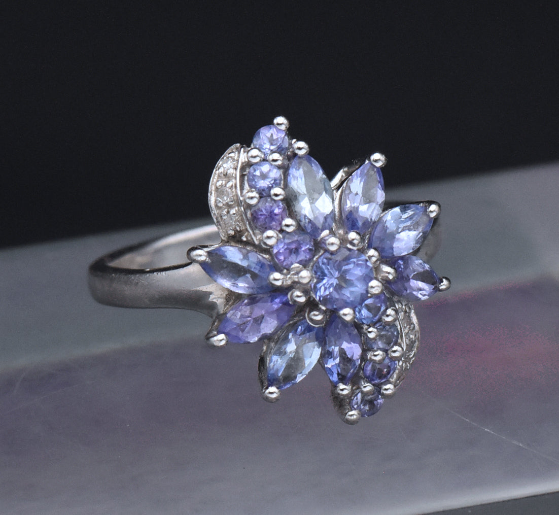 Tanzanite and Diamond Sterling Silver Ring - Size 7.25