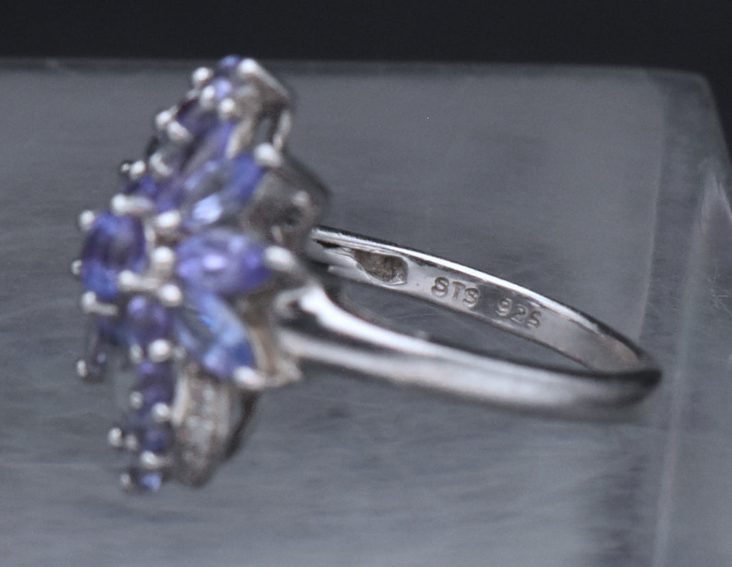 Tanzanite and Diamond Sterling Silver Ring - Size 7.25