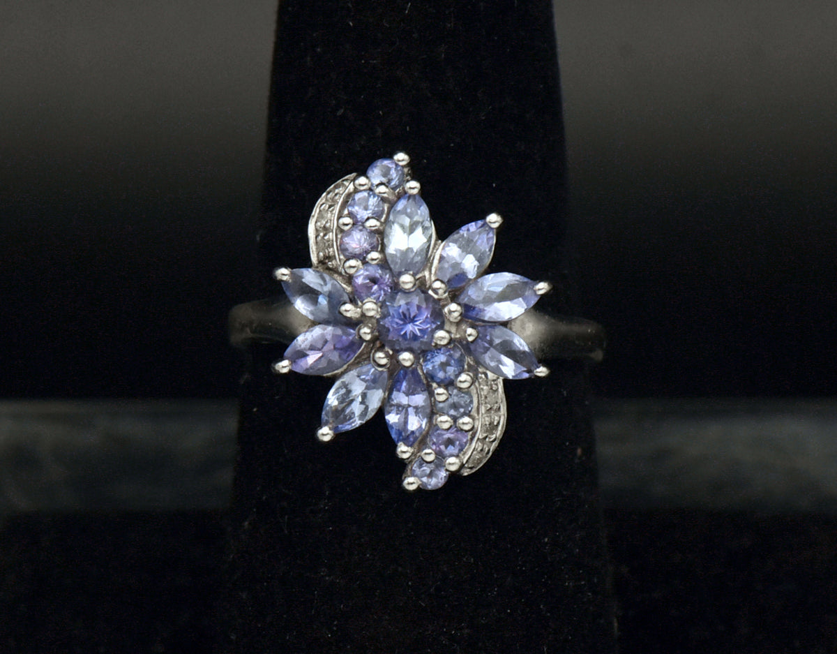 Tanzanite and Diamond Sterling Silver Ring - Size 7.25