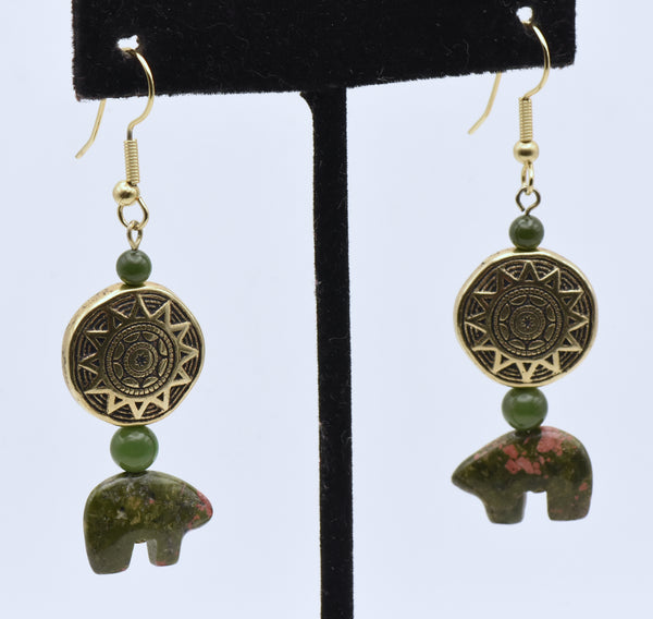 Carved Unakite Bears and Jade Dangle Earrings