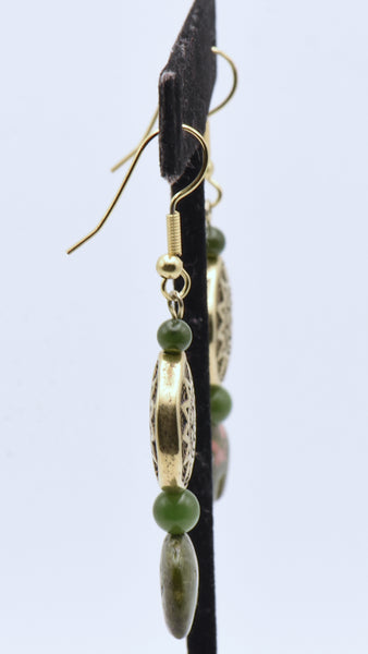 Carved Unakite Bears and Jade Dangle Earrings