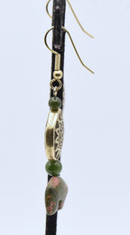 Carved Unakite Bears and Jade Dangle Earrings