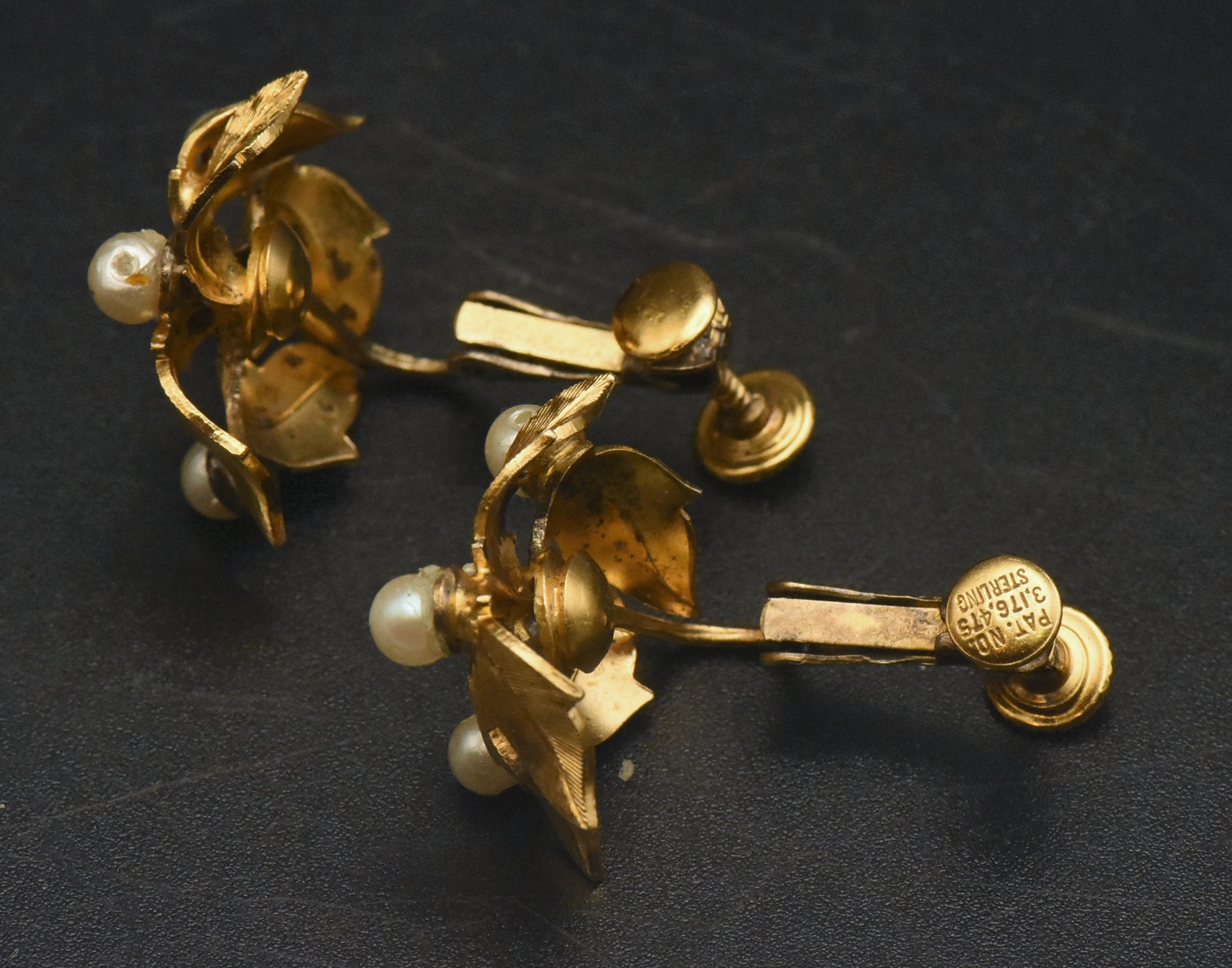Vendome - Vintage Sterling Silver Gold Tone Imitation Pearl Clip On Earrings