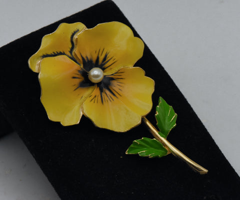 Vintage Yellow Pansy Gold Tone Metal Enamel with Faux Pearl Brooch
