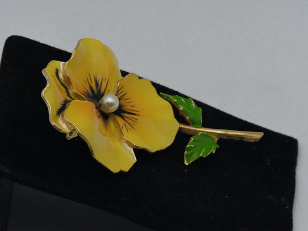 Vintage Yellow Pansy Gold Tone Metal Enamel with Faux Pearl Brooch