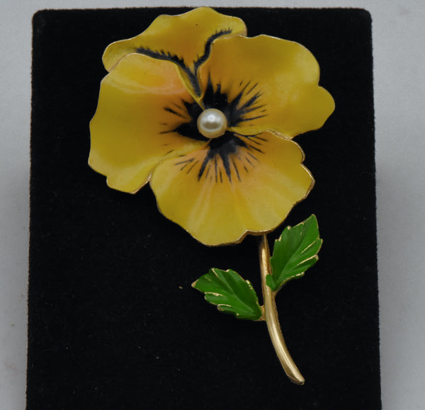 Vintage Yellow Pansy Gold Tone Metal Enamel with Faux Pearl Brooch