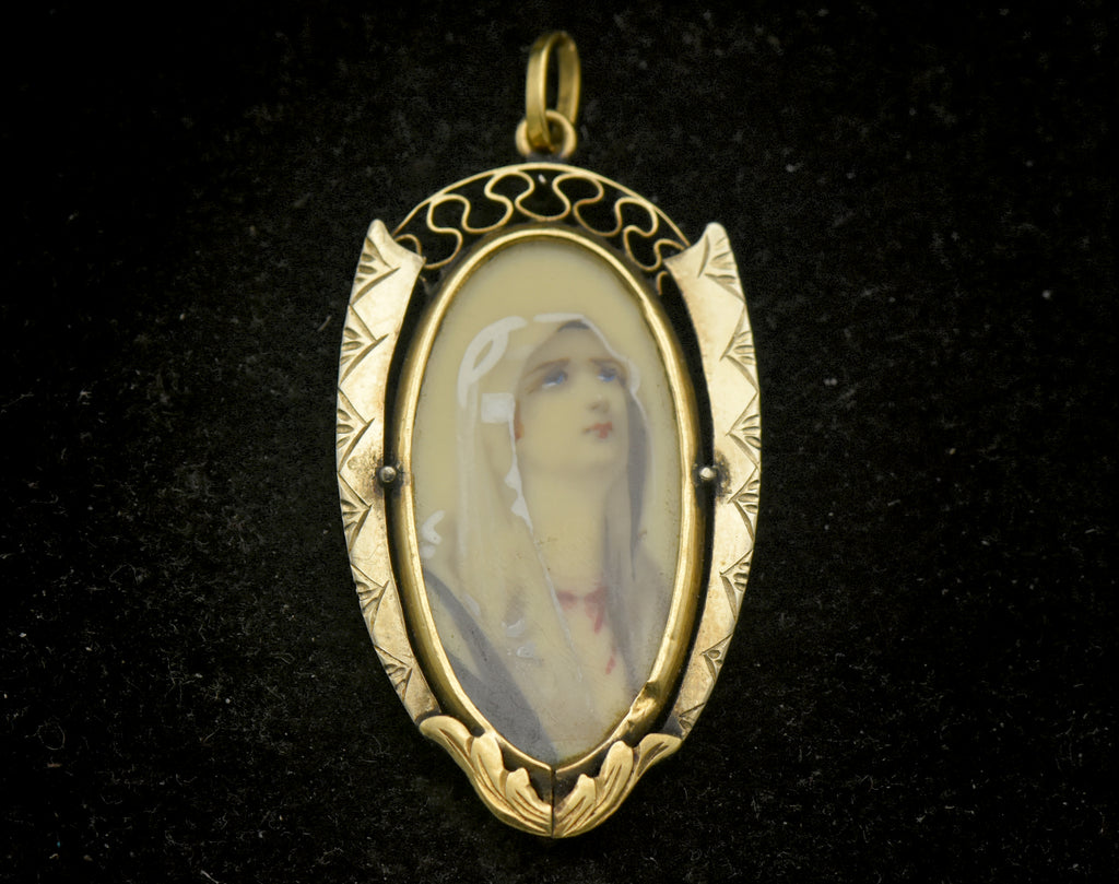 Antique Handmade 18k Gold Blessed Virgin Mary Hand Painted Pendant