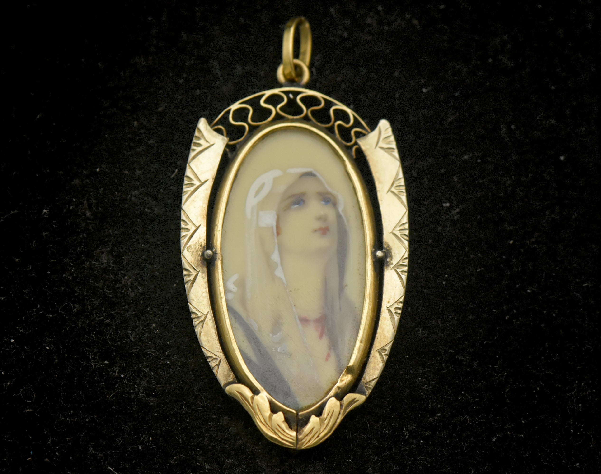 Antique Handmade 18k Gold Blessed Virgin Mary Hand Painted Pendant