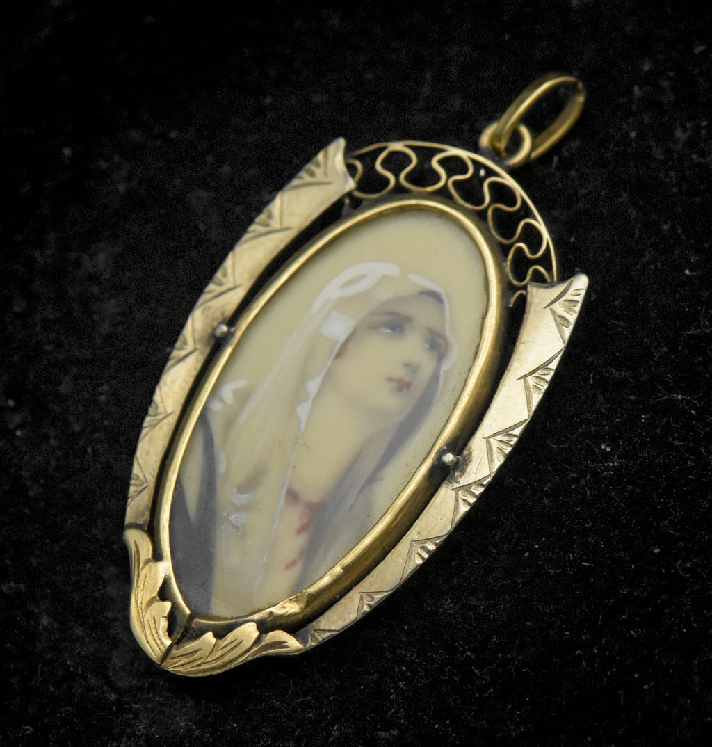 Antique Handmade 18k Gold Blessed Virgin Mary Hand Painted Pendant