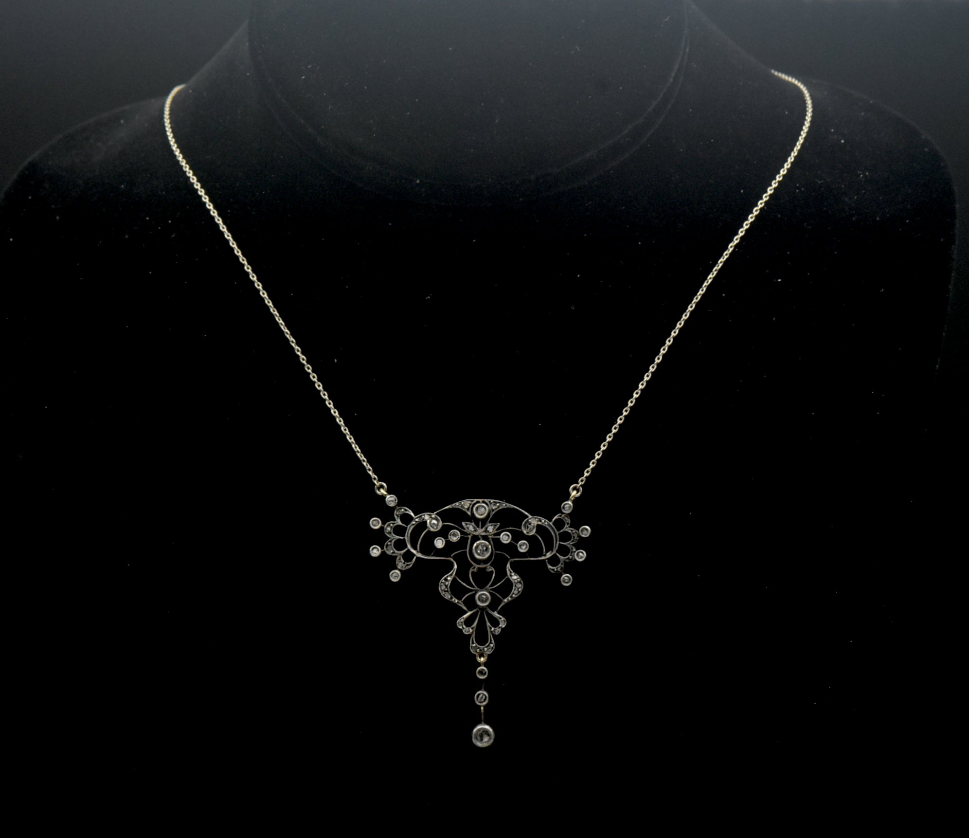 Antique Handmade Victorian Diamond Chip Pendant Chain Necklace - 19"