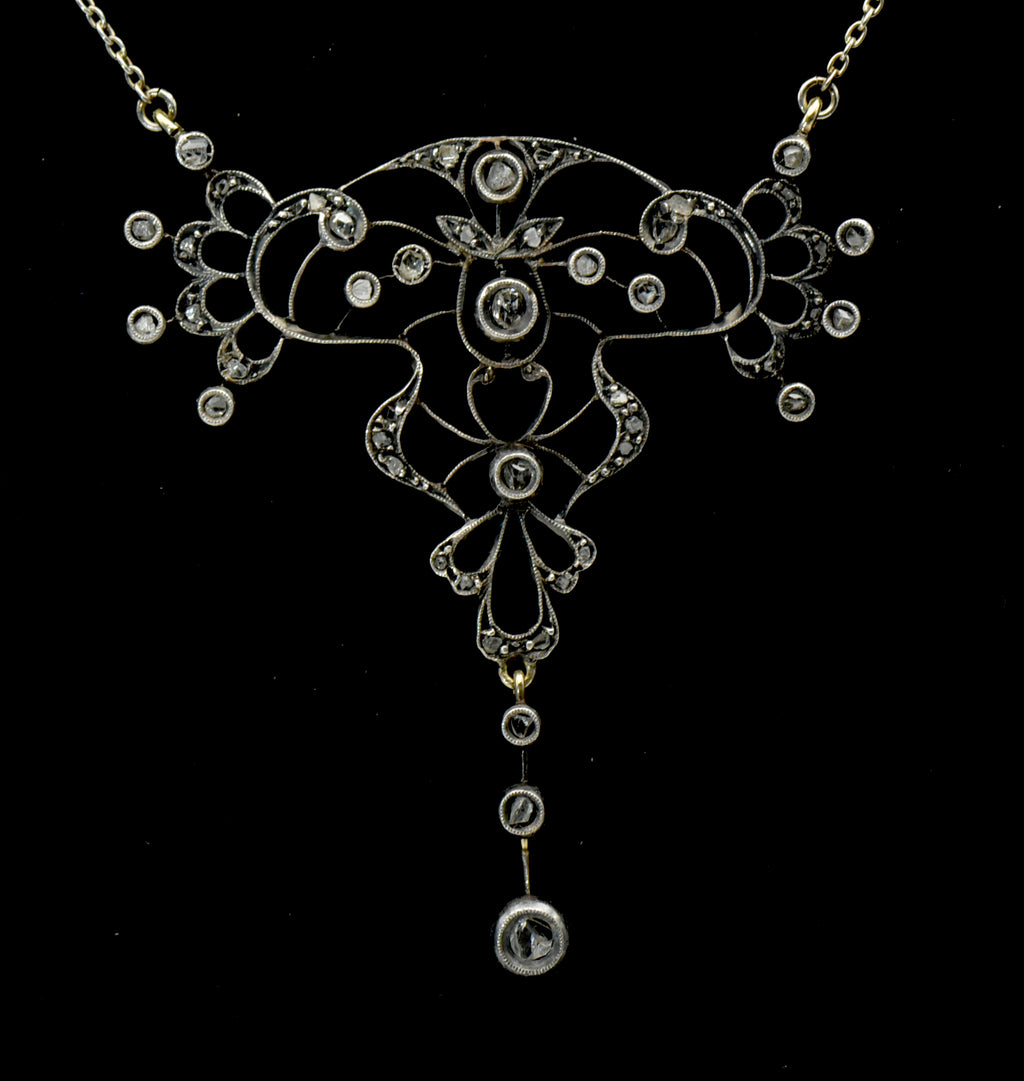 Antique Handmade Victorian Diamond Chip Pendant Chain Necklace - 19"