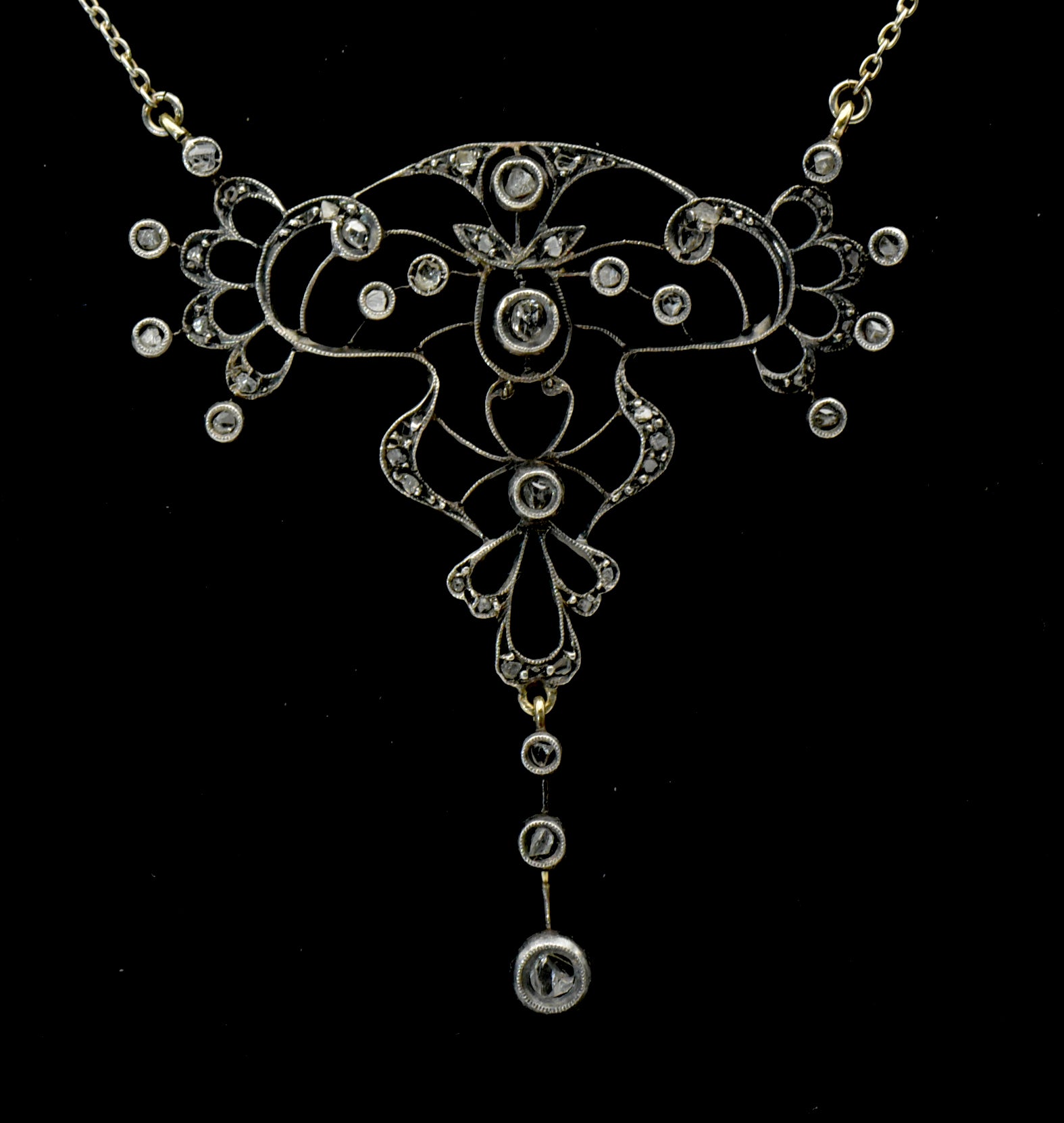 Antique Handmade Victorian Diamond Chip Pendant Chain Necklace - 19"