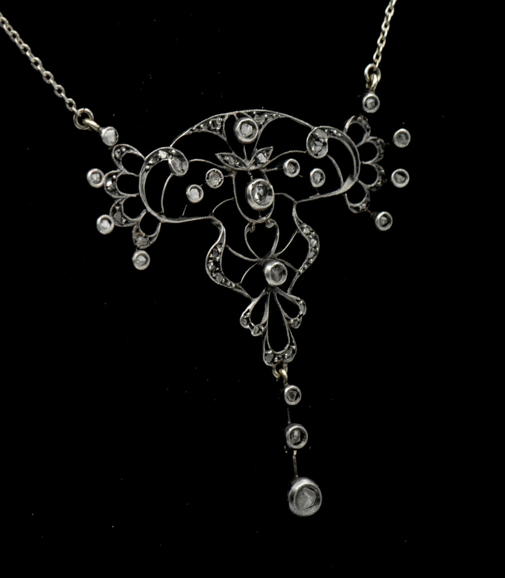 Antique Handmade Victorian Diamond Chip Pendant Chain Necklace - 19"