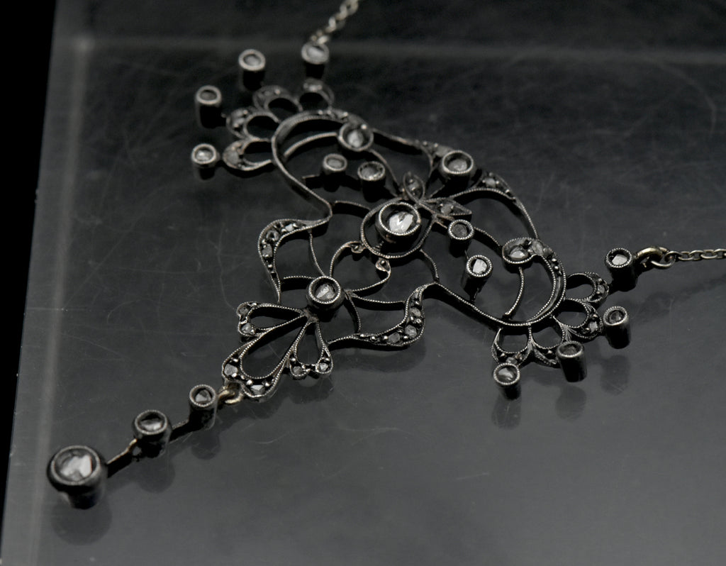 Antique Handmade Victorian Diamond Chip Pendant Chain Necklace - 19"