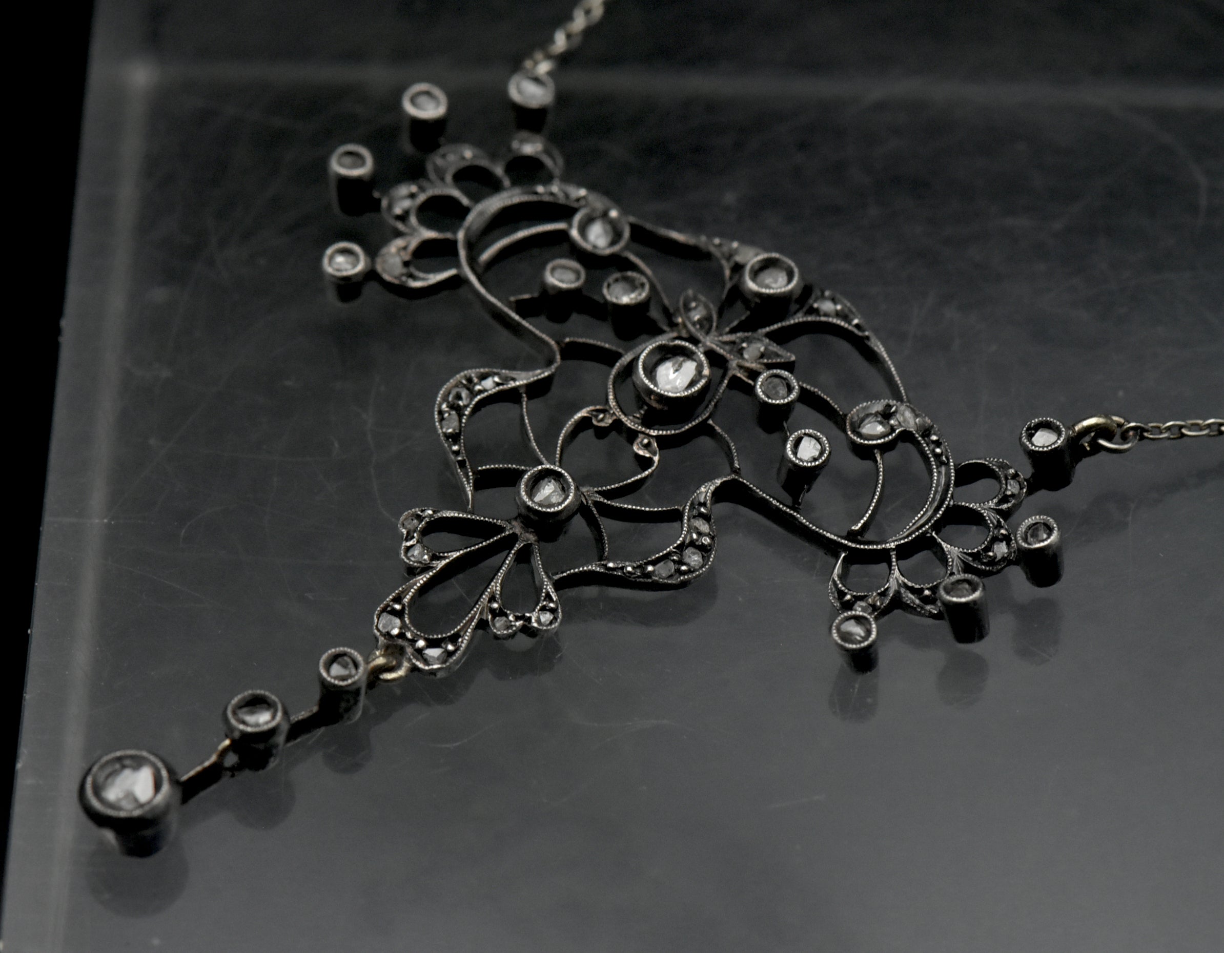Antique Handmade Victorian Diamond Chip Pendant Chain Necklace - 19"