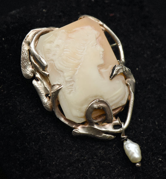 Vintage 10k White Gold Handmade Cameo Brooch/Pendant