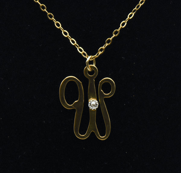 Vintage Diamond "W" Monogram Pendant on 14k Gold Filled Chain Necklace - 16"