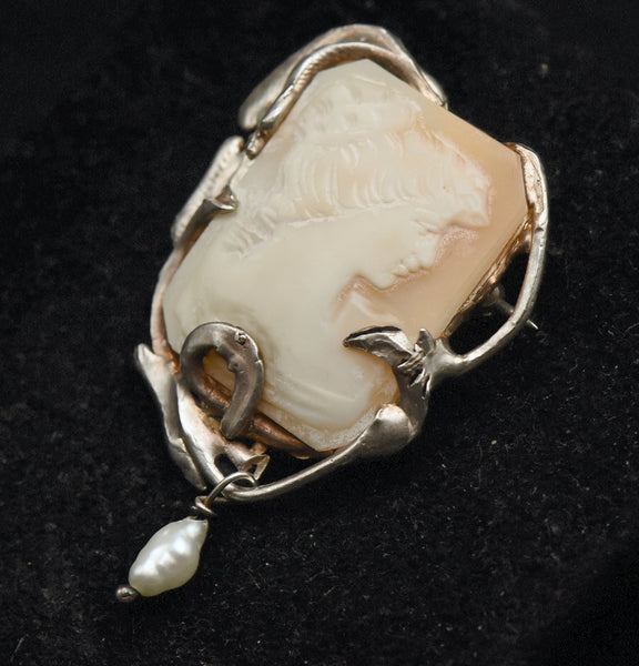 Vintage 10k White Gold Handmade Cameo Brooch/Pendant