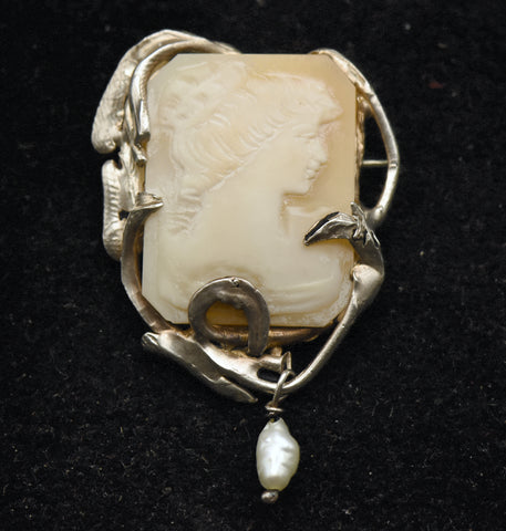 Vintage 10k White Gold Handmade Cameo Brooch/Pendant