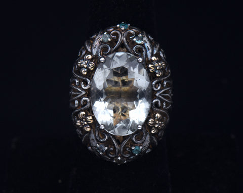 Weinman Brothers - Vintage Prasiolite, Green Sapphires and Diamonds 14k Gold on Sterling Ring - Size 7