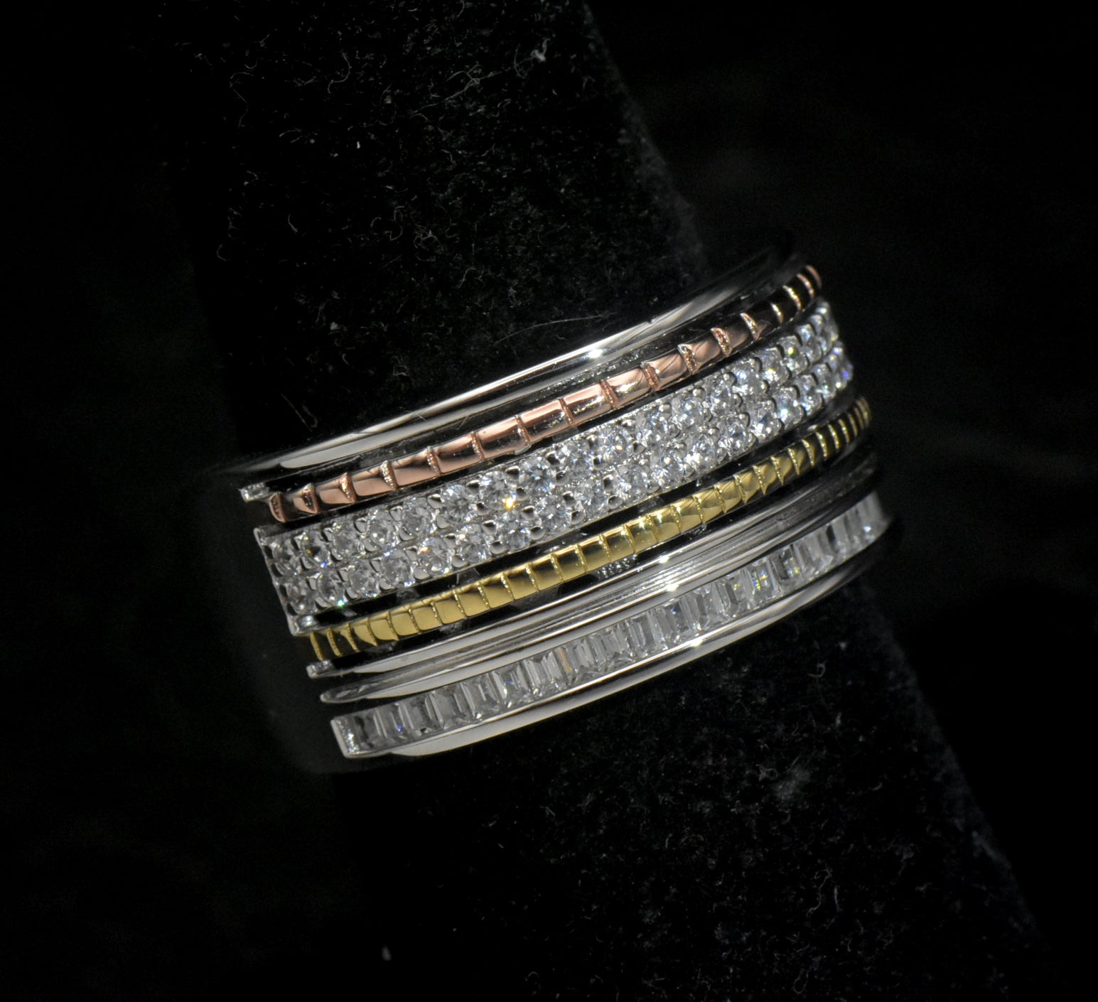 Vintage Sterling Silver Wide Band Cubic Zirconia and Gold Accents Ring - Size 7