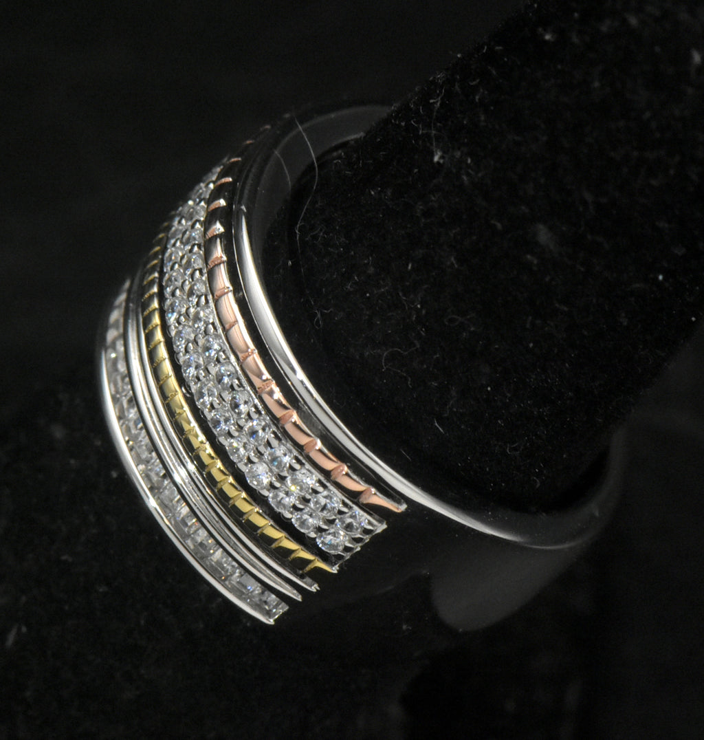 Vintage Sterling Silver Wide Band Cubic Zirconia and Gold Accents Ring - Size 7