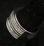 Vintage Sterling Silver Wide Band Cubic Zirconia and Gold Accents Ring - Size 7