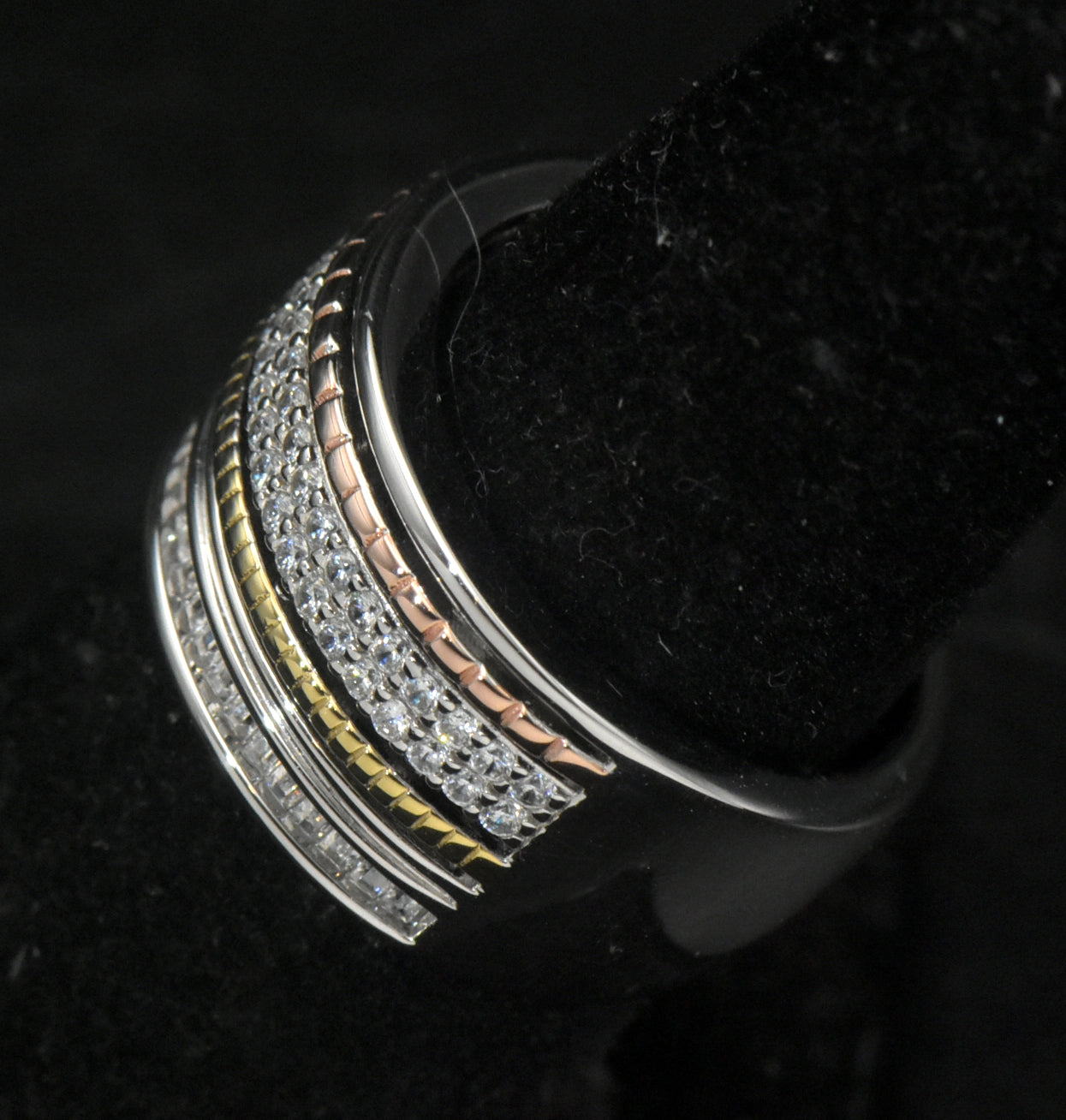 Vintage Sterling Silver Wide Band Cubic Zirconia and Gold Accents Ring - Size 7