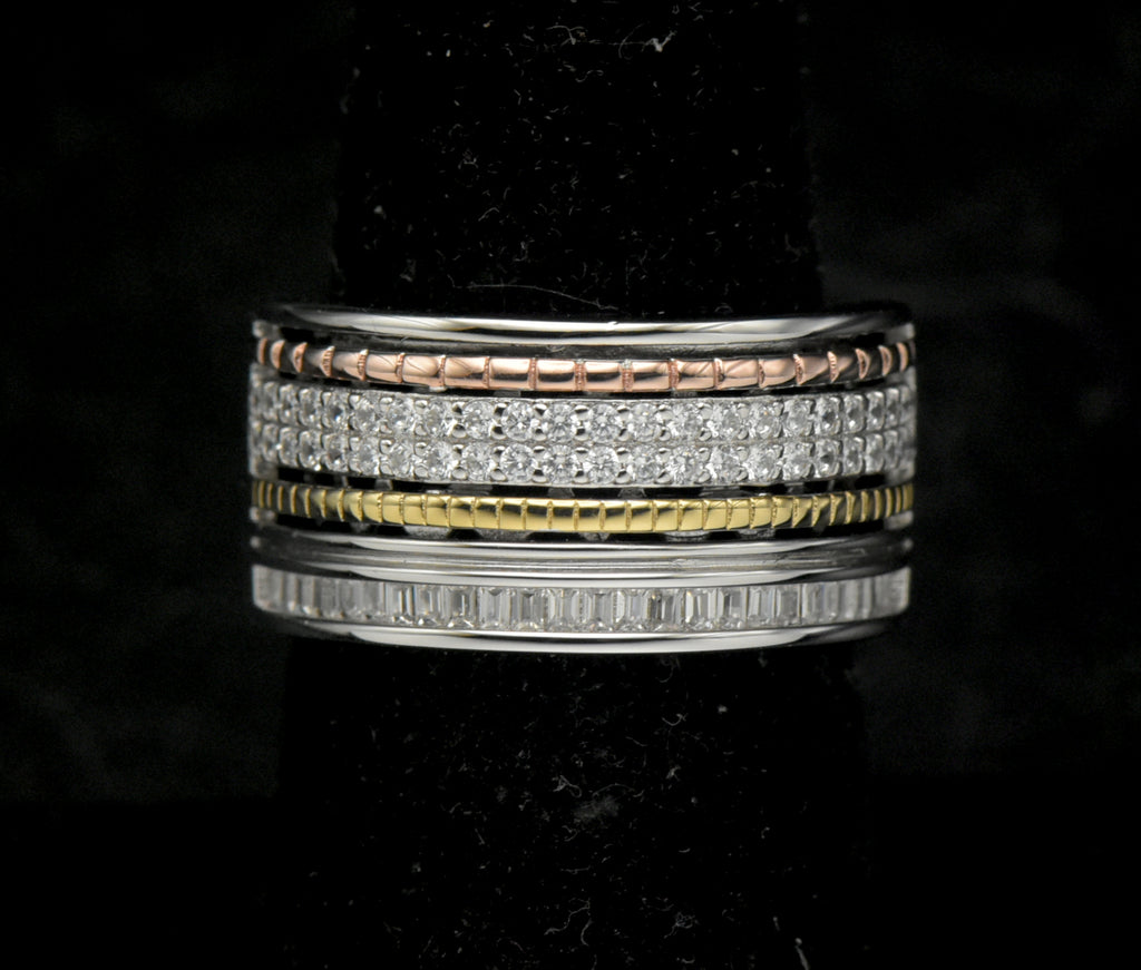 Vintage Sterling Silver Wide Band Cubic Zirconia and Gold Accents Ring - Size 7