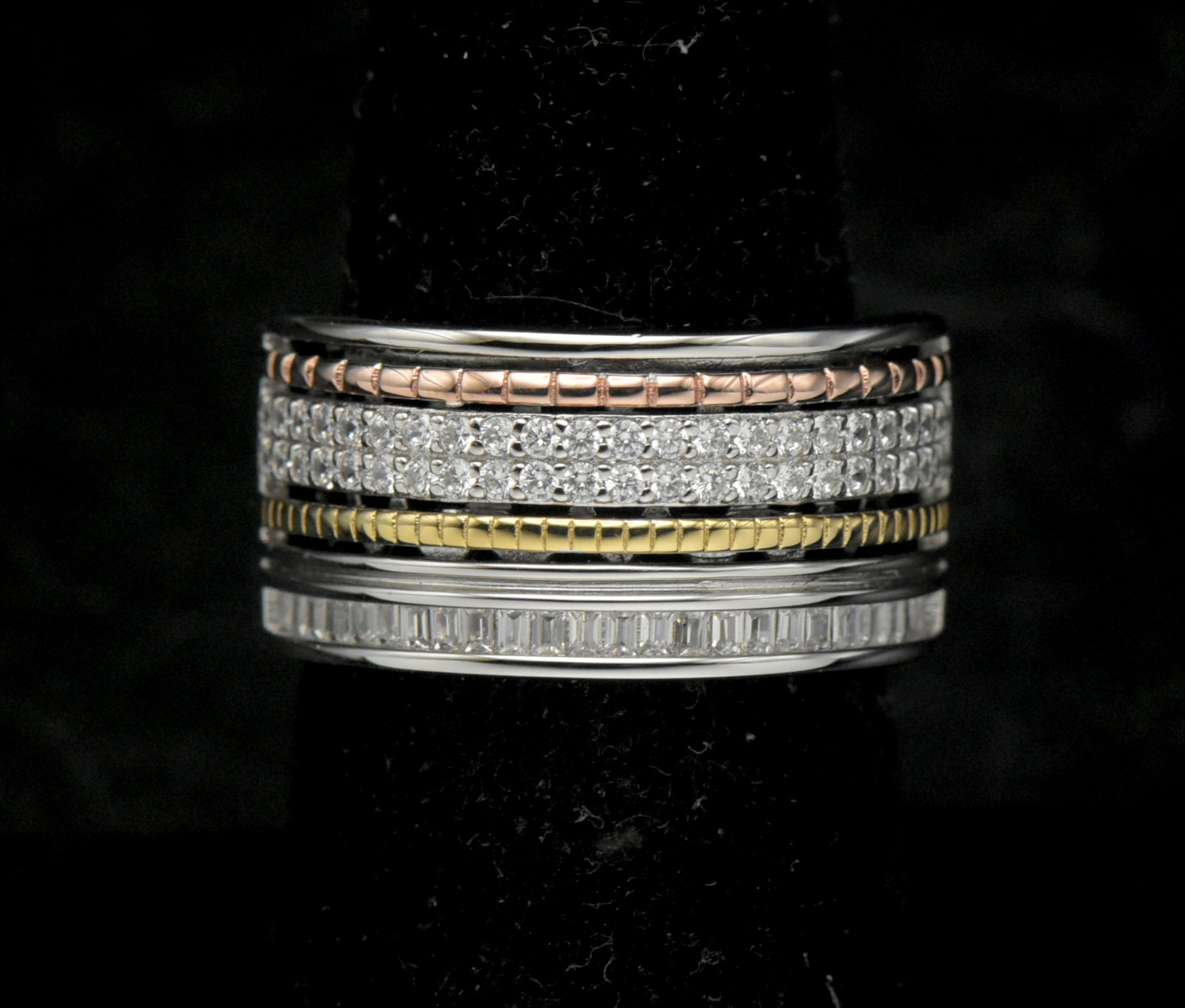 Vintage Sterling Silver Wide Band Cubic Zirconia and Gold Accents Ring - Size 7