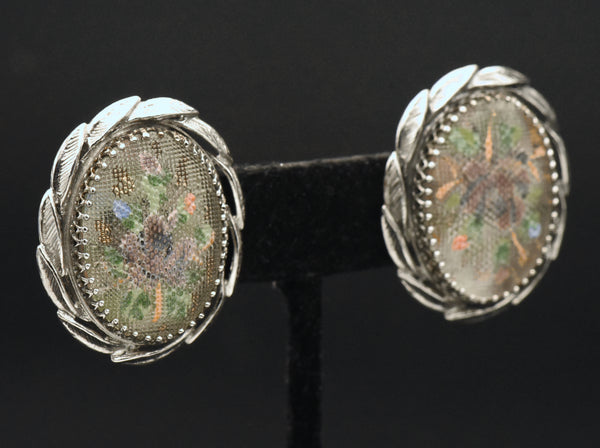 Whiting & Davis - Vintage Embroidery Style Floral Clip On Earrings