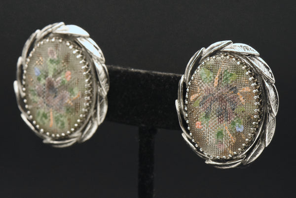 Whiting & Davis - Vintage Embroidery Style Floral Clip On Earrings