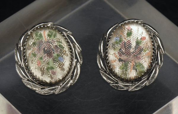 Whiting & Davis - Vintage Embroidery Style Floral Clip On Earrings