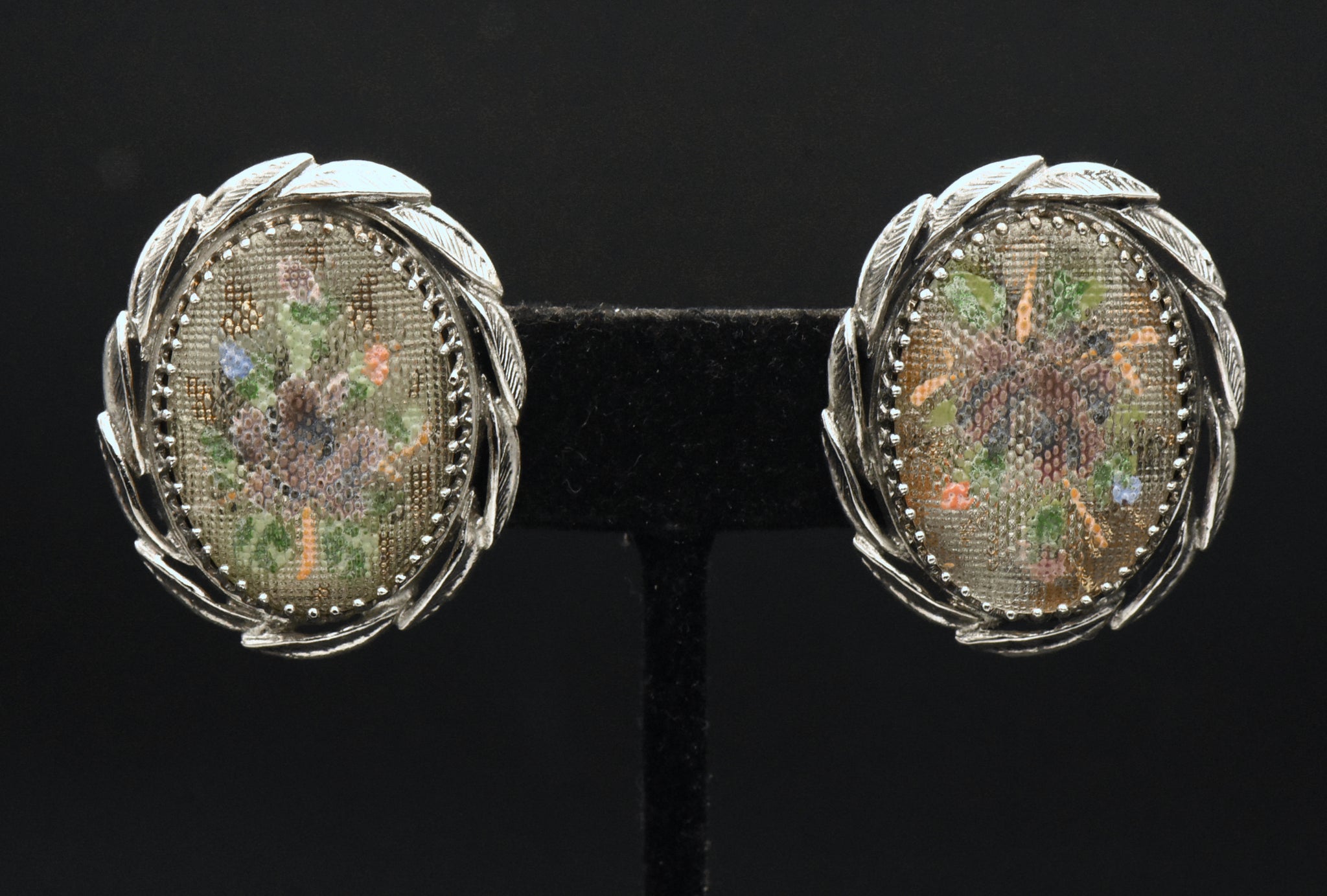 Whiting & Davis - Vintage Embroidery Style Floral Clip On Earrings