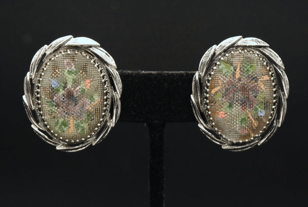 Whiting & Davis - Vintage Embroidery Style Floral Clip On Earrings