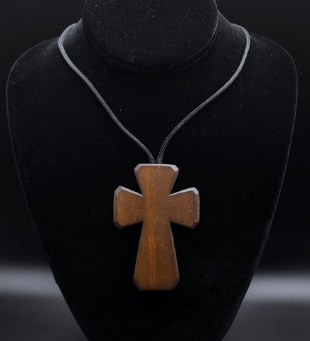 Vintage Carved Wood Cross Pendant Necklace - 33"
