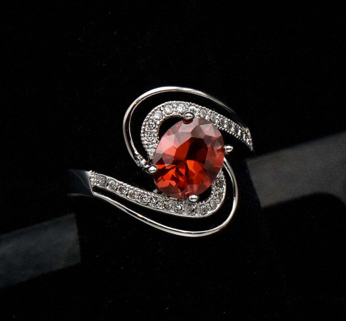 Vintage Red Cubic Zirconia 18k White Gold Plated Ring - Size 7