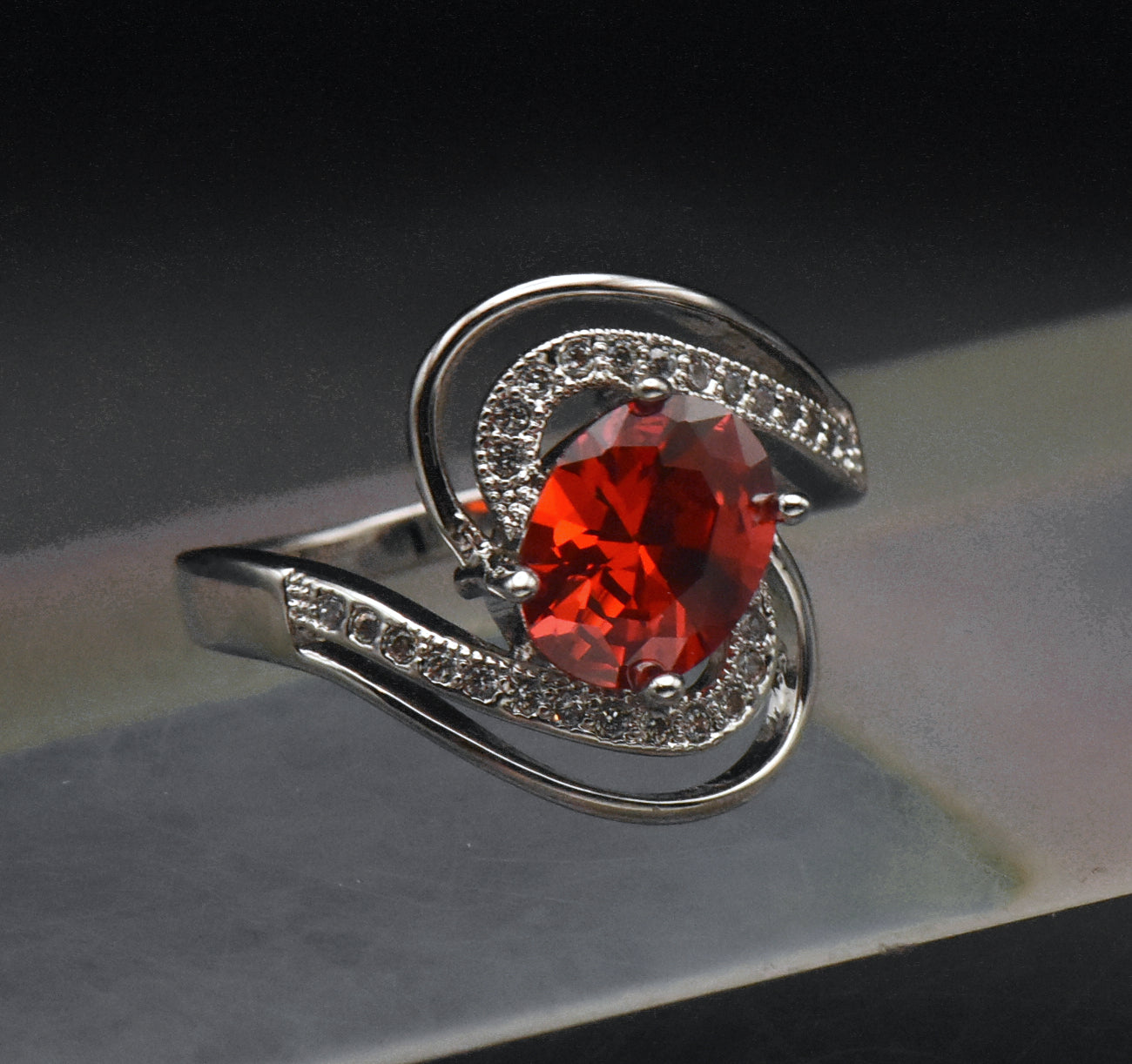 Vintage Red Cubic Zirconia 18k White Gold Plated Ring - Size 7