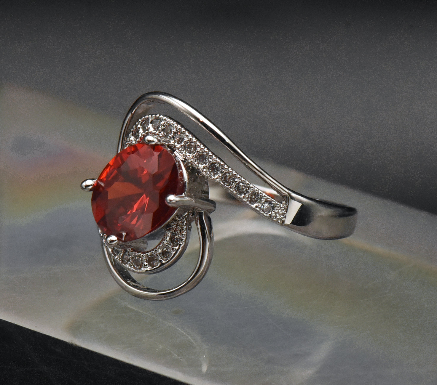 Vintage Red Cubic Zirconia 18k White Gold Plated Ring - Size 7