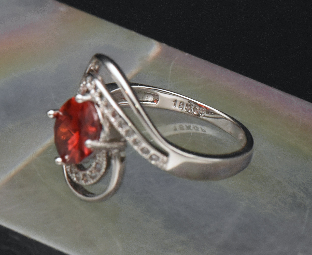 Vintage Red Cubic Zirconia 18k White Gold Plated Ring - Size 7